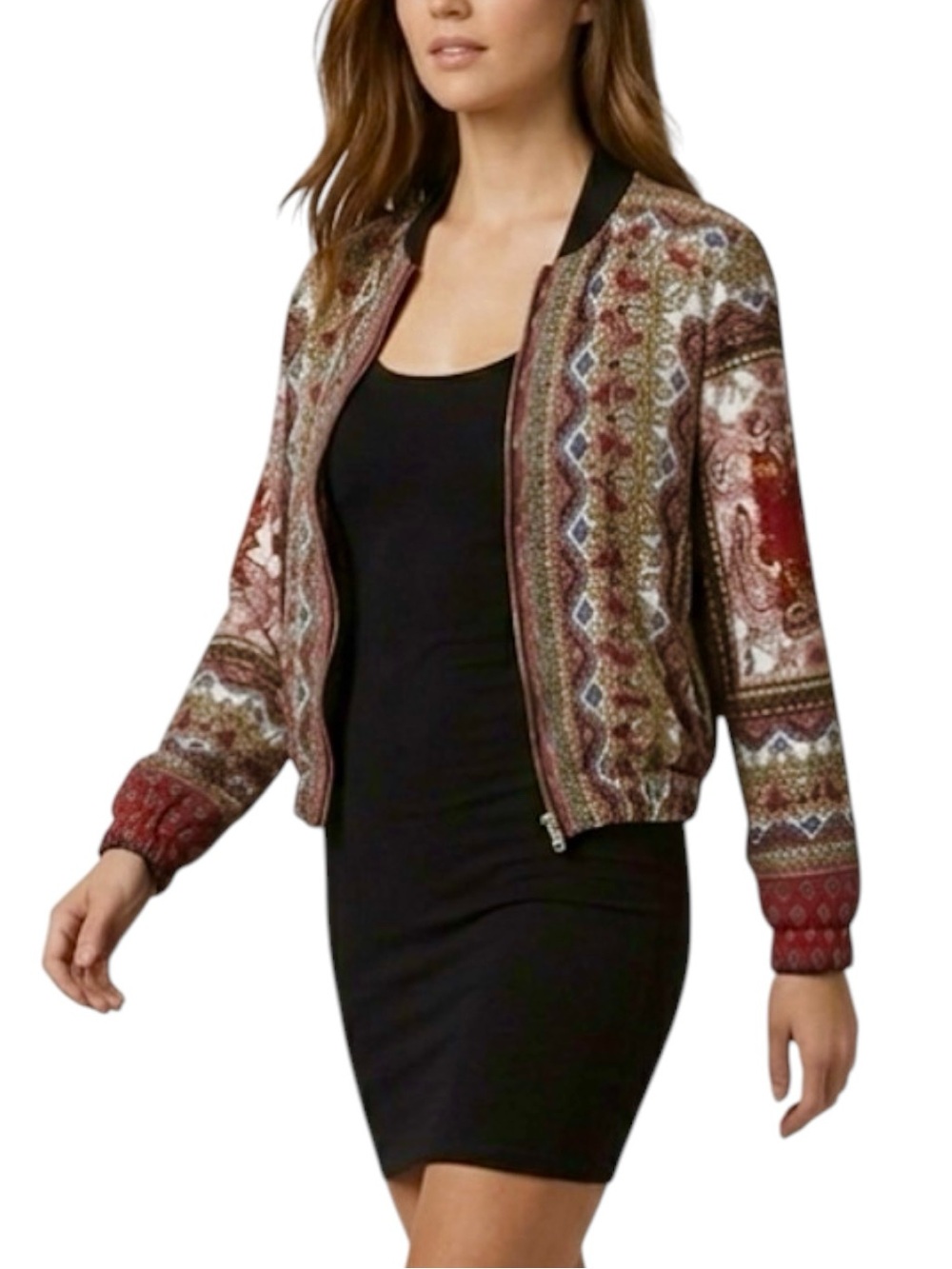 Women’s Boho Lightweight Bomber Jacket Vintage Multicolored Mediterranean Print